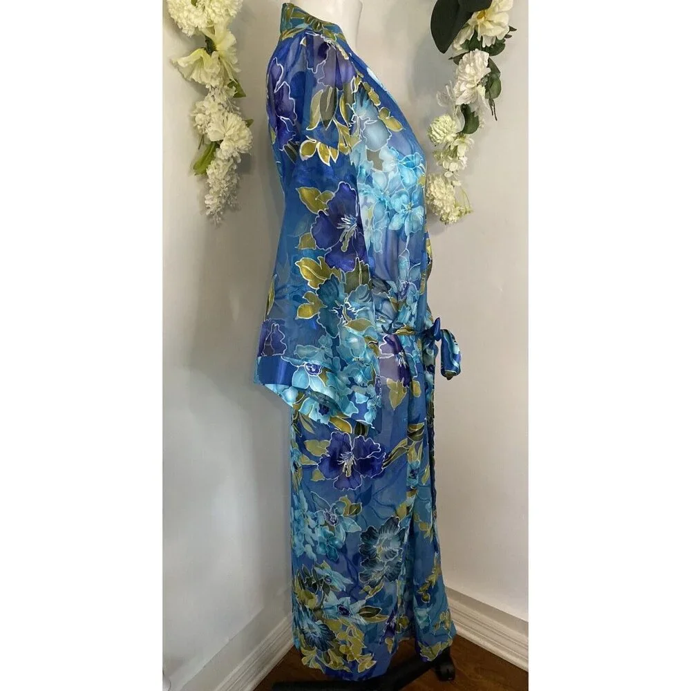 Vintage California Dynasty Blue Semi‎ Sheer Floral Long Robe Medium Pockets EUC